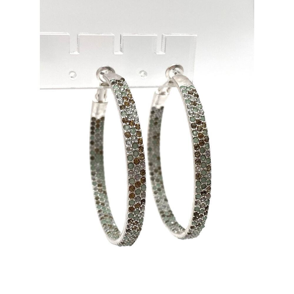Marlyn Schiff Earrings Hoops Rhinestone Pave Sage Brown Clear Silver Tone